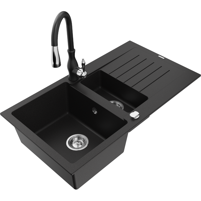 Mexen Matias granite sink 1.5-bowl with drainer and Savita kitchen tap, black - 6502-77-672601-70