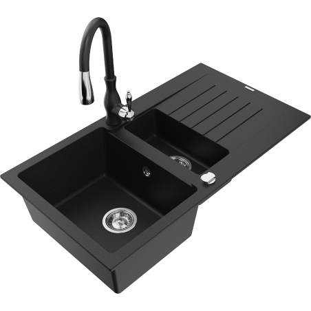 Mexen Matias granite kitchen sink 1.5-bowl with drainer and Savita kitchen faucet, black - 6502-77-672601-70