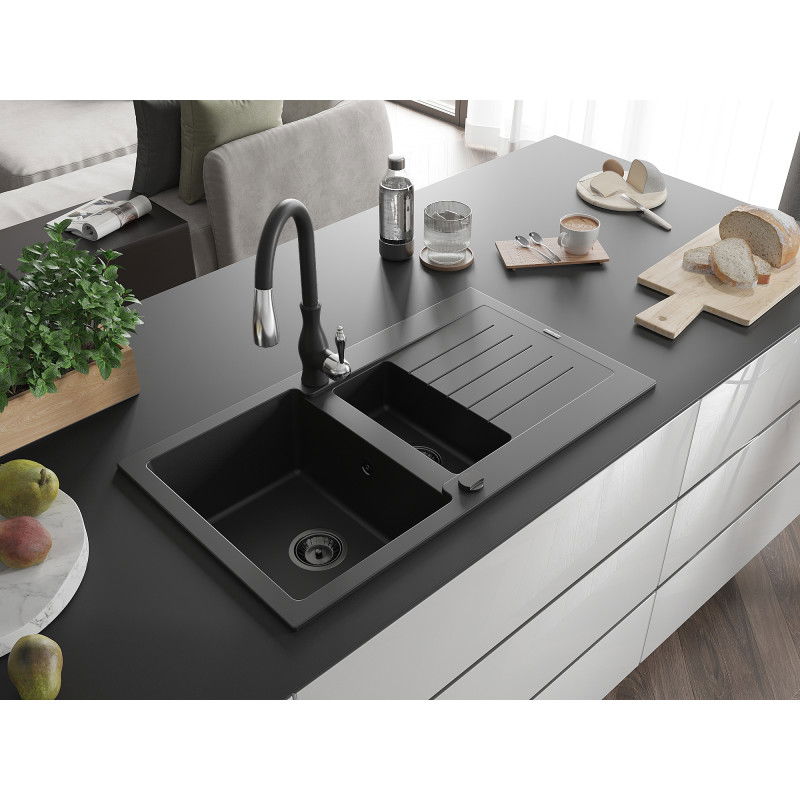 Mexen Matias fregadero de granito de 1,5 senos con escurridor y grifo de cocina Savita, negro - 6502-77-672601-70-B