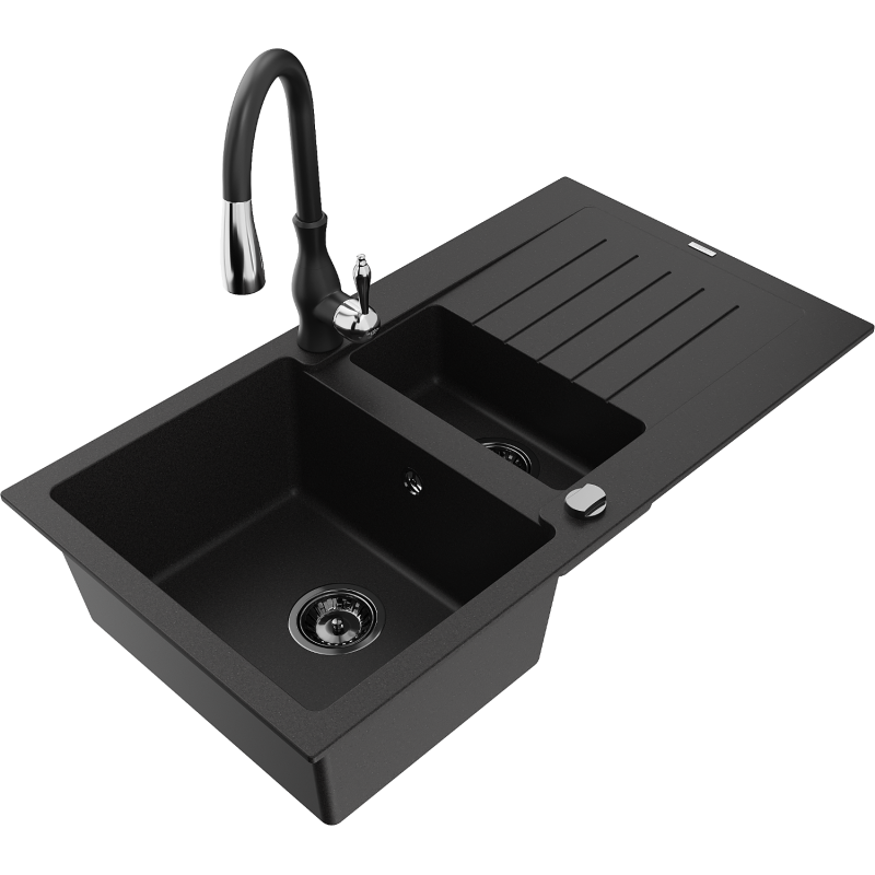 Mexen Matias fregadero de granito de 1,5 senos con escurridor y grifo de cocina Savita, negro - 6502-77-672601-70-B