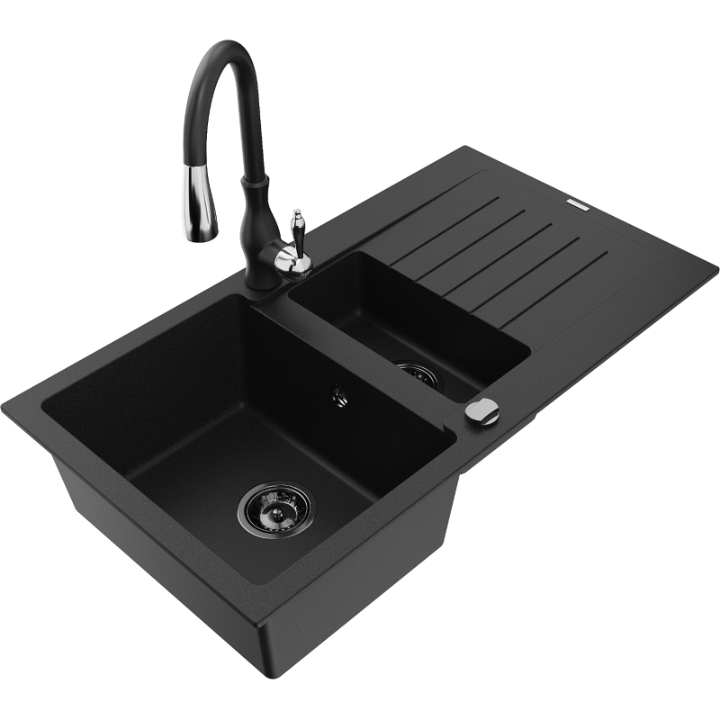 Mexen Matias granite sink 1.5-bowl with drainer and Savita kitchen tap, black - 6502-77-672601-70-B