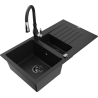 Mexen Matias granite sink 1.5-bowl with drainer and Savita kitchen tap, black - 6502-77-672601-70-B