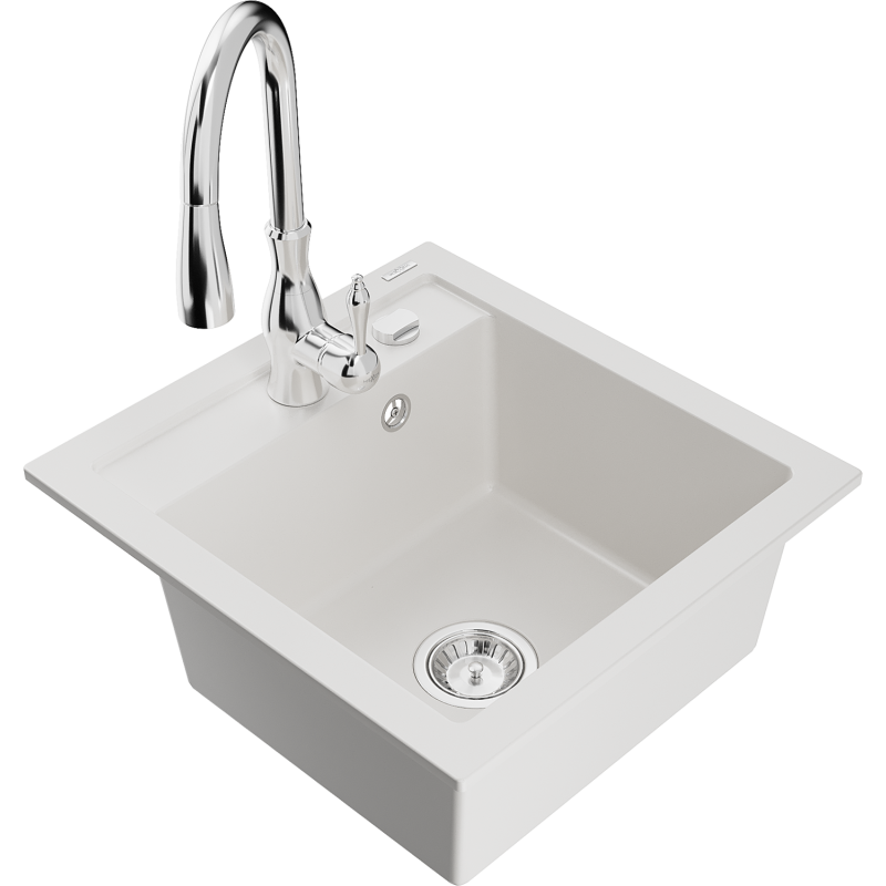 Mexen Vito fregadero de cocina de granito de 1 seno con grifo Savita, blanco - 6503-20-672601-00