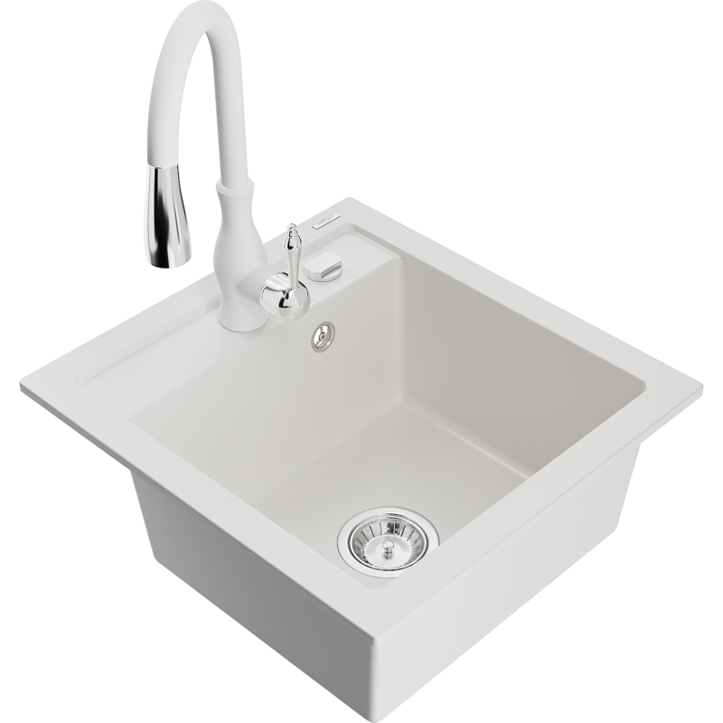 Mexen Vito 1-bowl granite sink with Savita kitchen tap, white - 6503-20-672601-20