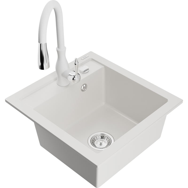 Mexen Vito granitais izlietne ar 1 nodalījumu un virtuves jaucējkrānu Savita, balts - 6503-20-672601-20