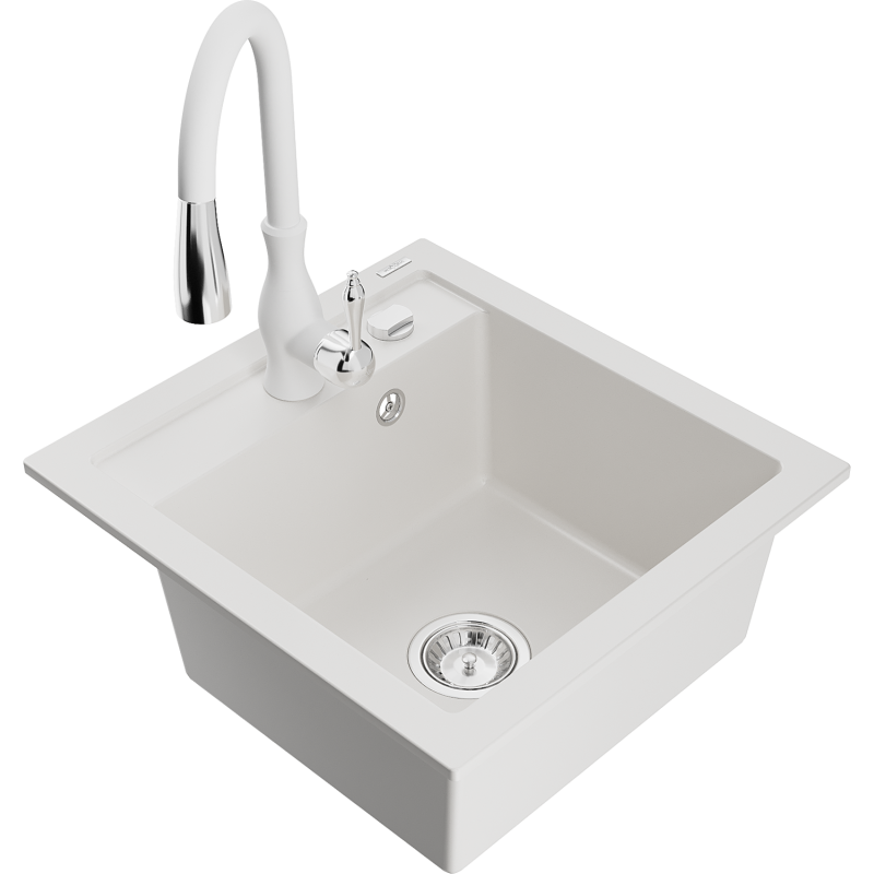 Mexen Vito lava-louça de granito 1-cuba com torneira de cozinha Savita, branco - 6503-20-672601-20