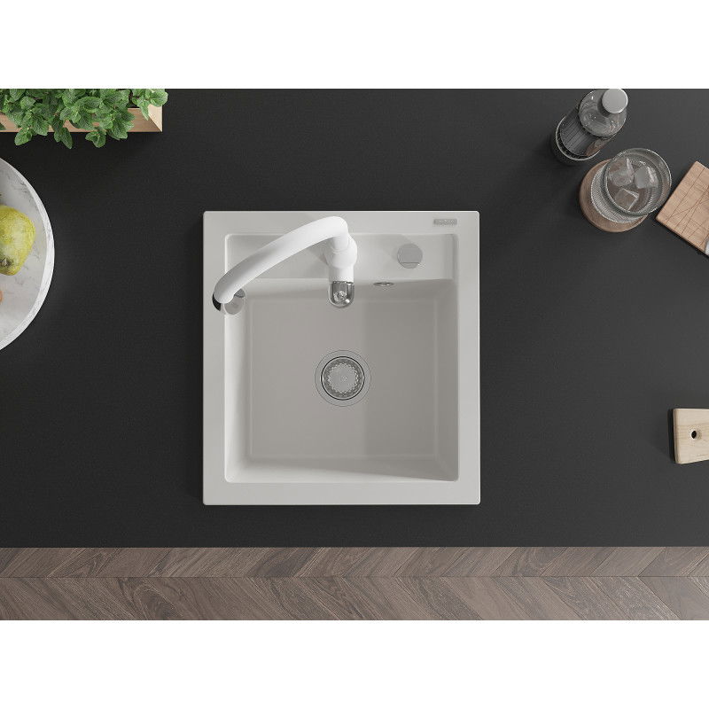 Mexen Vito 1-bowl granite sink with Savita kitchen tap, white - 6503-20-672601-20