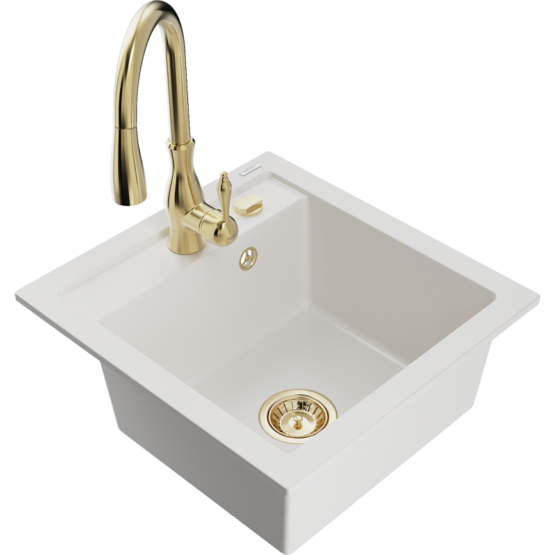 Mexen Vito yksi-allasinen graniittikeittiöallas Savita-keittiöhanalla, valkoinen - 6503-20-672601-50