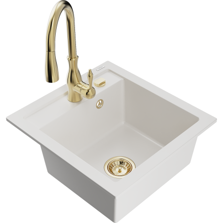 Mexen Vito Granite Sink 1-Bowl with Savita Kitchen Tap, White - 6503-20-672601-50