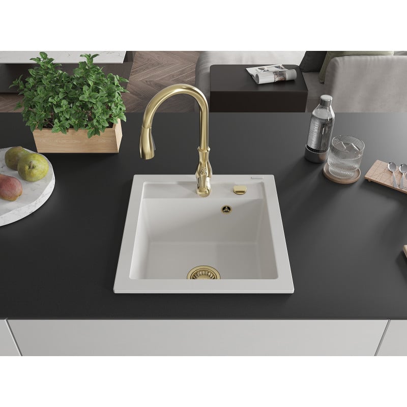 Mexen Vito yksi-allasinen graniittikeittiöallas Savita-keittiöhanalla, valkoinen - 6503-20-672601-50