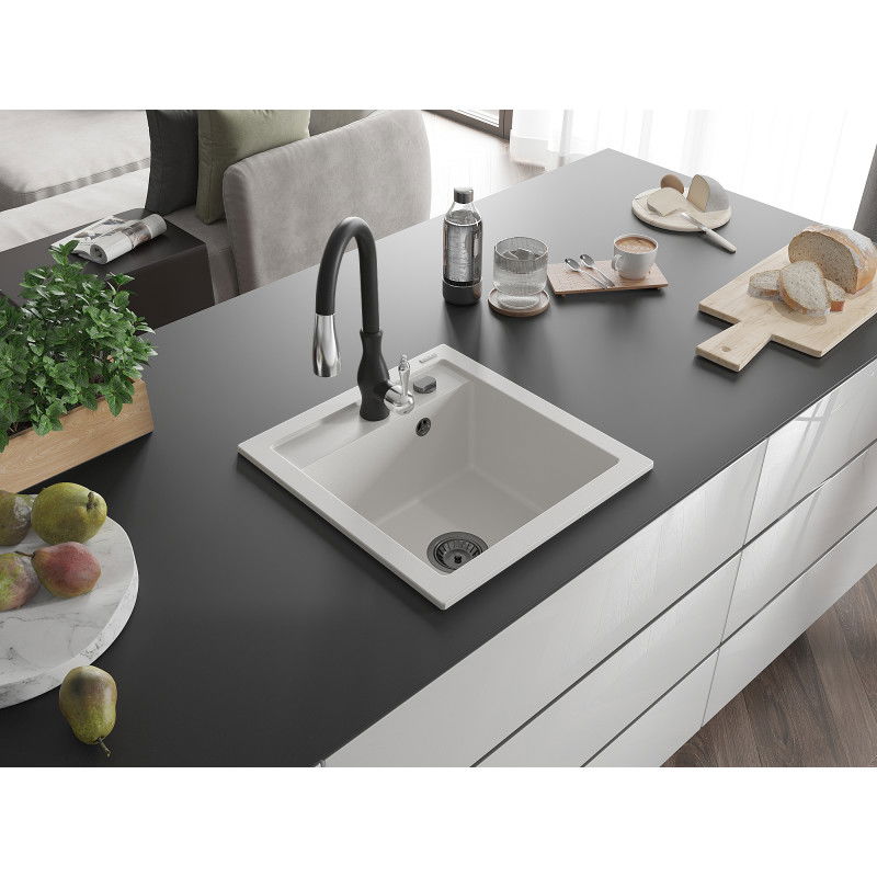 Mexen Vito granite kitchen sink, 1-bowl with Savita kitchen tap, white - 6503-20-672601-70
