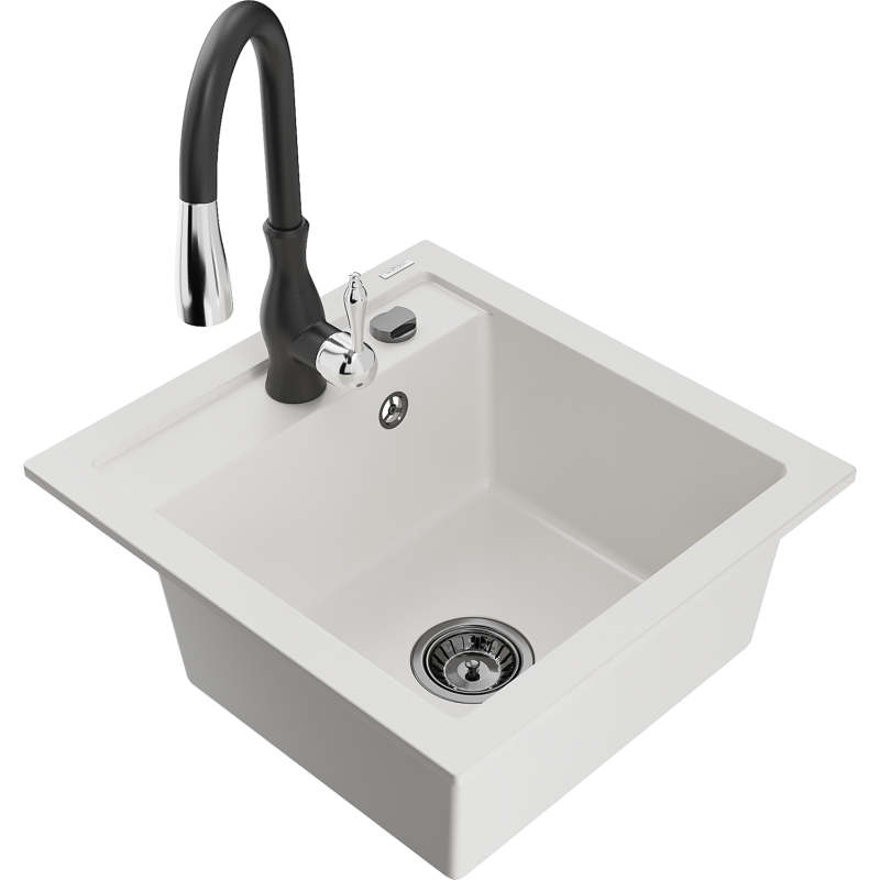 Mexen Vito fregadero de granito de 1 compartimento con grifo de cocina Savita, blanco - 6503-20-672601-70
