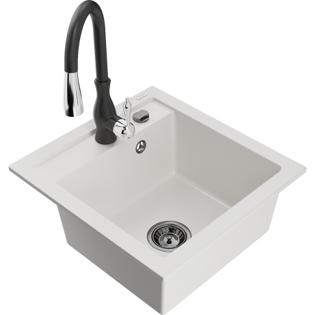 Mexen Vito fregadero de granito de 1 compartimento con grifo de cocina Savita, blanco - 6503-20-672601-70