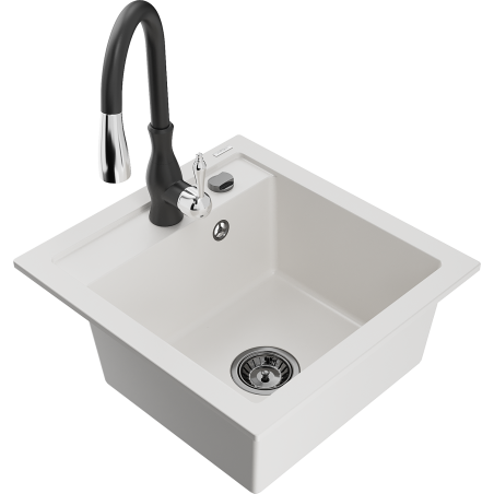 Mexen Vito granite single-bowl kitchen sink with Savita kitchen faucet, white - 6503-20-672601-70
