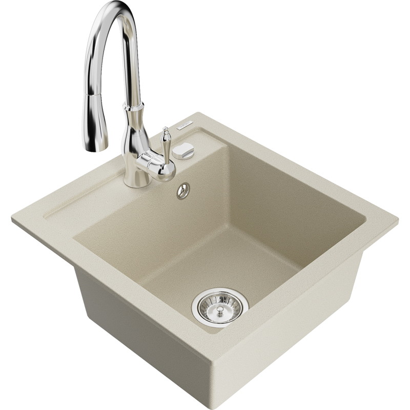 Mexen Vito évier en granit 1 bac avec robinet de cuisine Savita, beige - 6503-69-672601-00