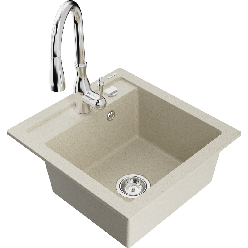 Mexen Vito lava-loiça de granito de uma cuba com torneira de cozinha Savita, bege - 6503-69-672601-00