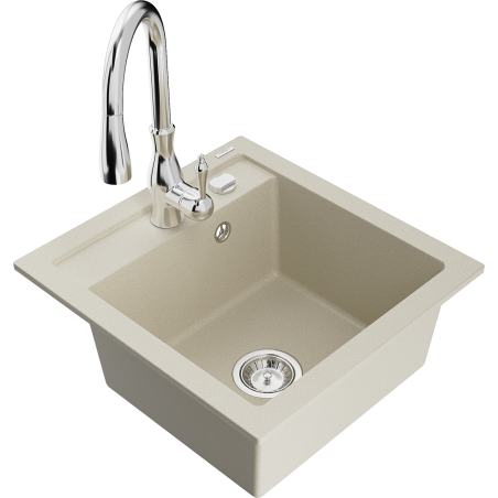 Mexen Vito évier en granit 1 bac avec robinet de cuisine Savita, beige - 6503-69-672601-00