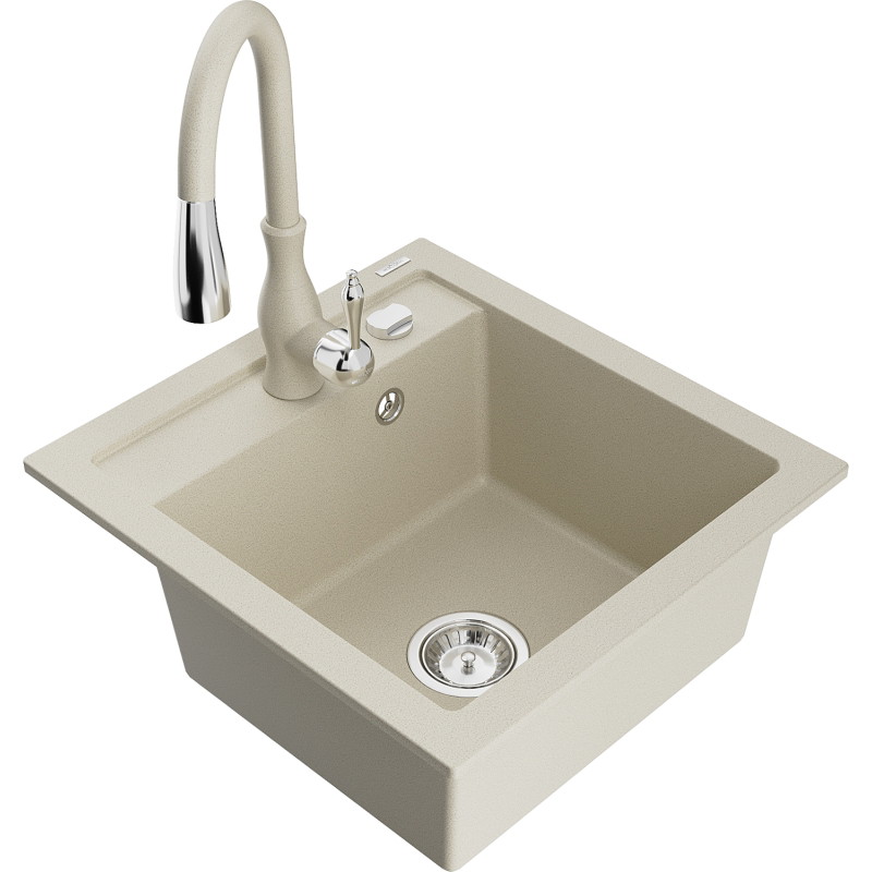 Mexen Vito fregadero de granito de 1 seno con grifo de cocina Savita, beige - 6503-69-672601-69
