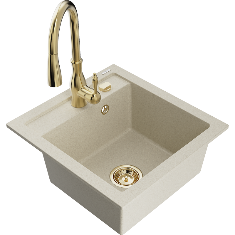 Mexen Vito fregadero de granito de 1 tina con grifo de cocina Savita, beige - 6503-69-672601-50