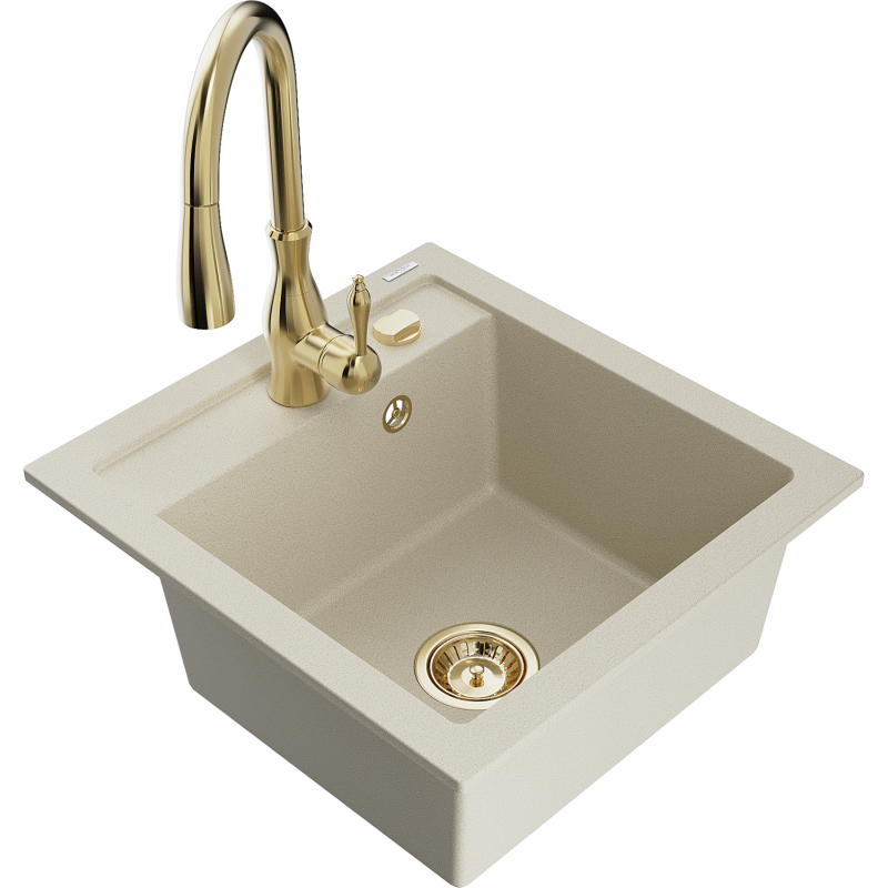 Mexen Vito graniittinen 1-altainen keittiöallas keittiöhanalla Savita, beige - 6503-69-672601-50