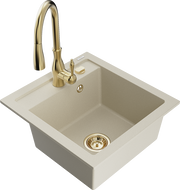 Mexen Vito granite kitchen sink 1-bowl with Savita kitchen faucet, beige - 6503-69-672601-50