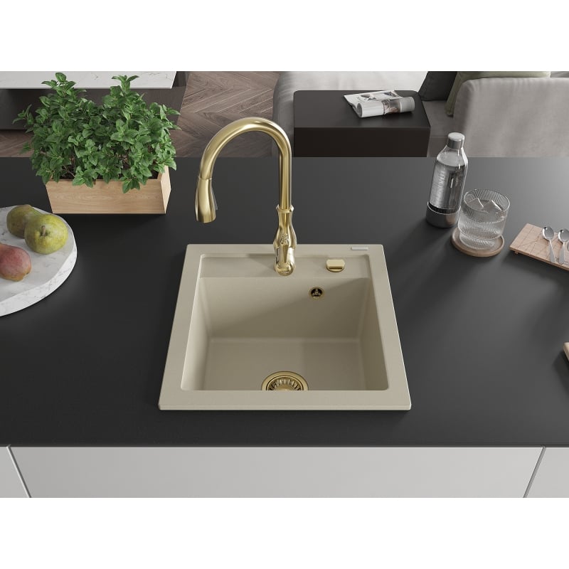 Mexen Vito évier en granit 1 bac avec robinet de cuisine Savita, beige - 6503-69-672601-50