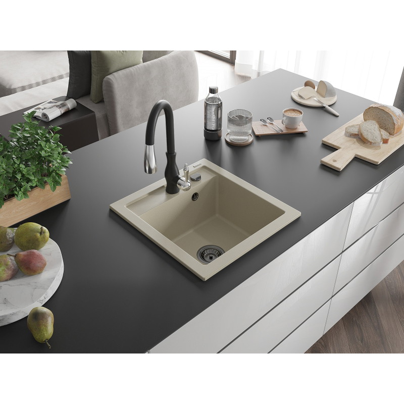 Mexen Vito granitische spoelbak 1-kamer met keukenmengkraan Savita, beige - 6503-69-672601-70
