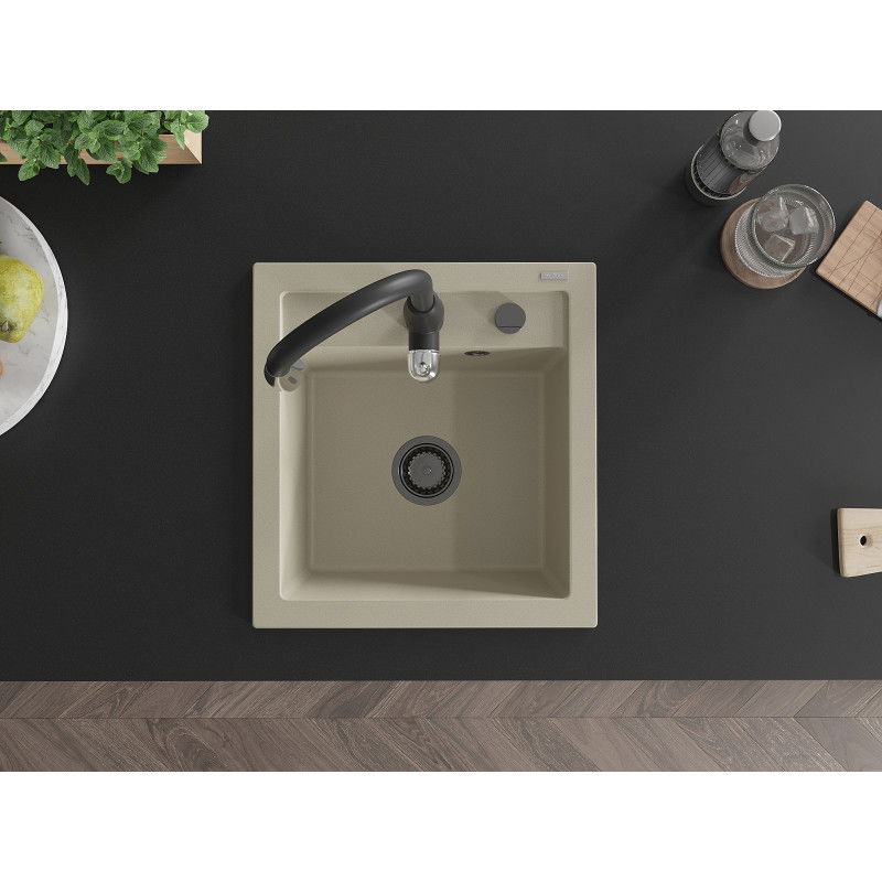 Mexen Vito évier en granit 1-cuve avec robinet de cuisine Savita, beige - 6503-69-672601-70