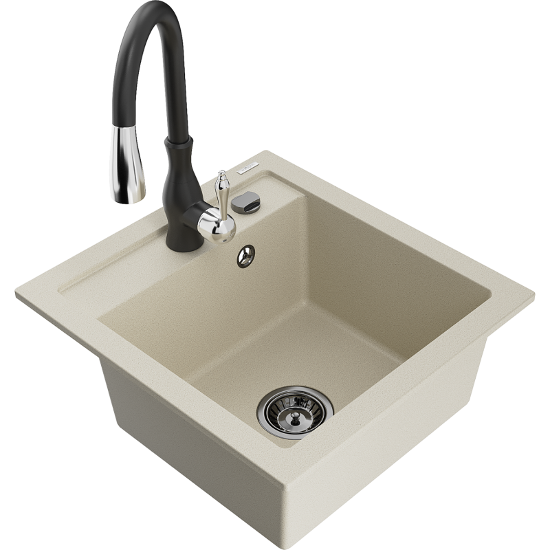 Mexen Vito évier en granit 1-cuve avec robinet de cuisine Savita, beige - 6503-69-672601-70