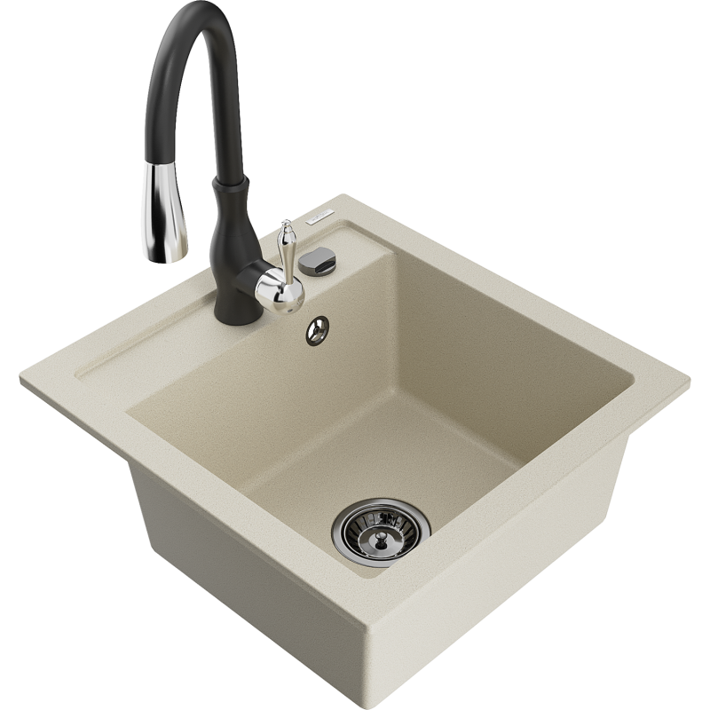 Mexen Vito fregadero de granito de 1 compartimento con grifo de cocina Savita, beige - 6503-69-672601-70
