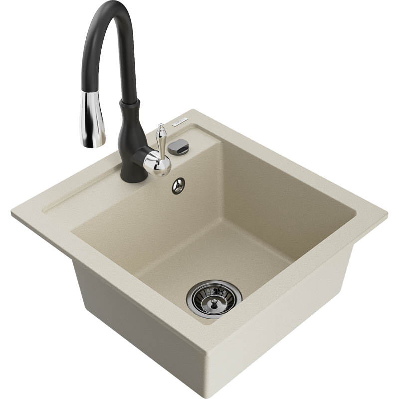 Mexen Vito graniittinen keittiöallas, 1-kammioinen, keittiöhana Savita, beige - 6503-69-672601-70