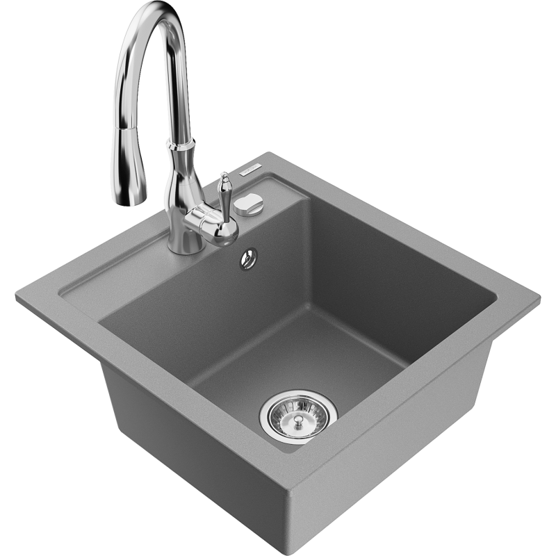 Mexen Vito fregadero de granito de 1 cubeta con grifo de cocina Savita, gris - 6503-71-672601-00