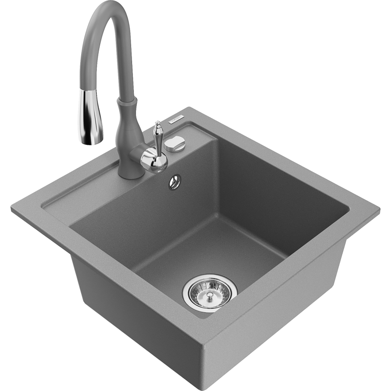Mexen Vito fregadero de granito 1-cubeta con grifo de cocina Savita, gris - 6503-71-672601-71