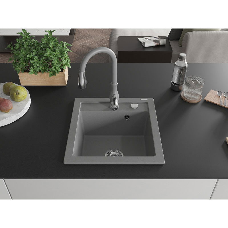 Mexen Vito 1-bowl granite sink with Savita kitchen tap, grey - 6503-71-672601-71