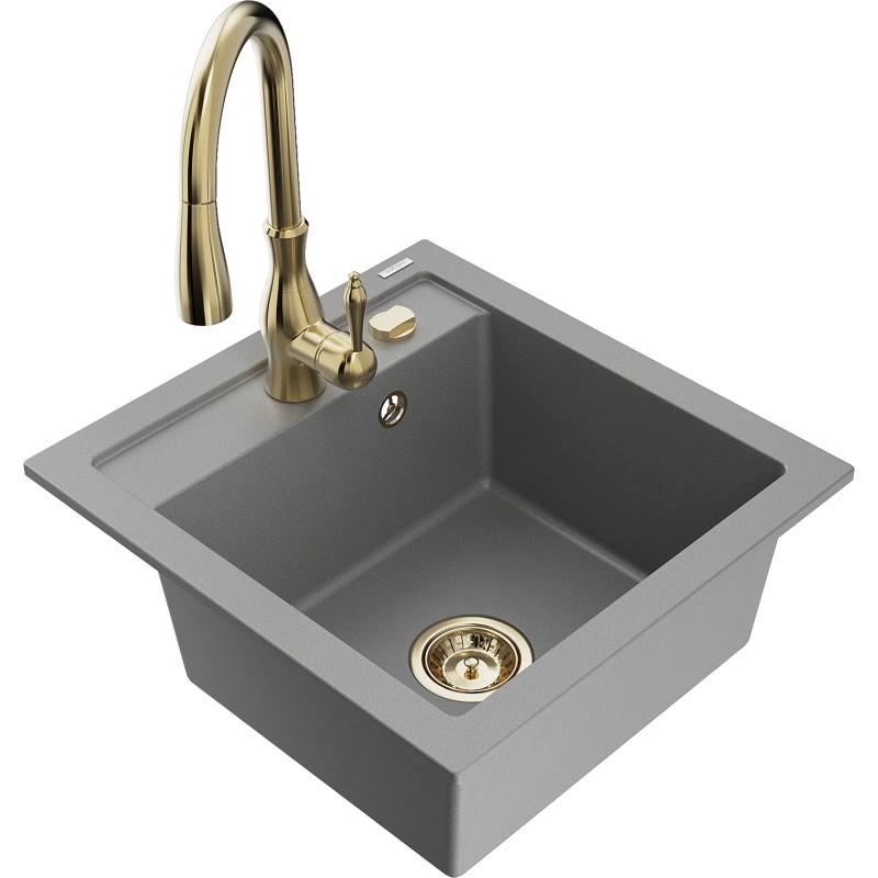 Mexen Vito fregadero de granito de una cubeta con grifo de cocina Savita, gris - 6503-71-672601-50