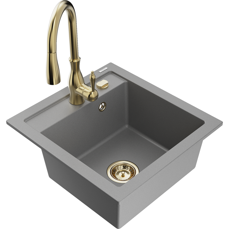 Mexen Vito yhdellä altaalla varustettu graniittinen tiskiallas keittiöhanalla Savita, harmaa - 6503-71-672601-50