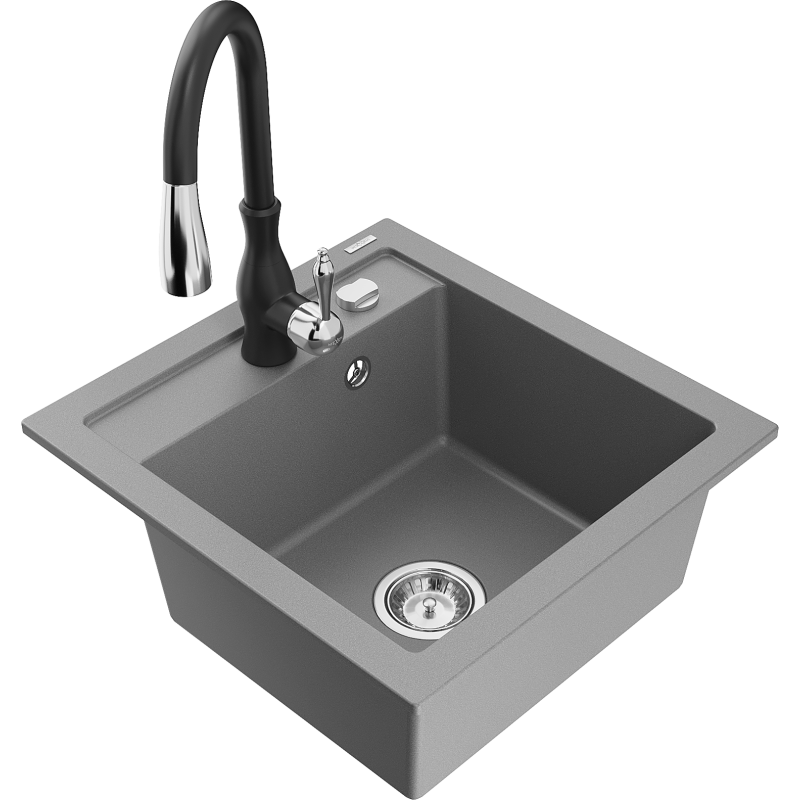 Mexen Vito fregadero de granito de 1 cubeta con grifo de cocina Savita, gris - 6503-71-672601-70