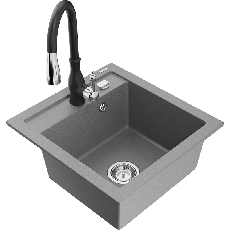 Mexen Vito lava-loiça de granito de 1 cubas com torneira de cozinha Savita, cinza - 6503-71-672601-70