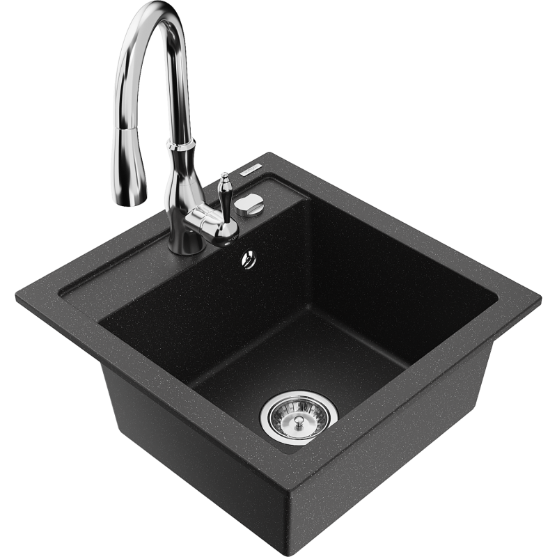Mexen Vito fregadero de granito de 1 cubeta con grifo de cocina Savita, negro/metalizado plateado - 6503-73-672601-00