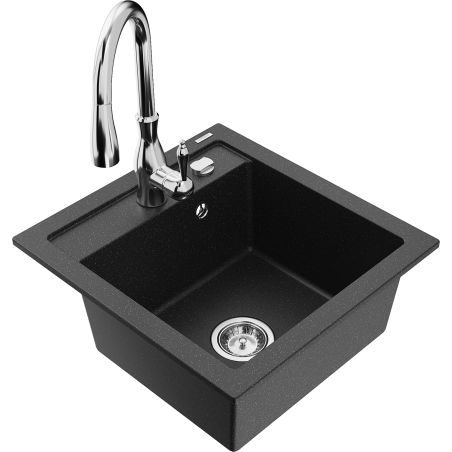 Mexen Vito fregadero de granito de 1 cubeta con grifo de cocina Savita, negro/metalizado plateado - 6503-73-672601-00