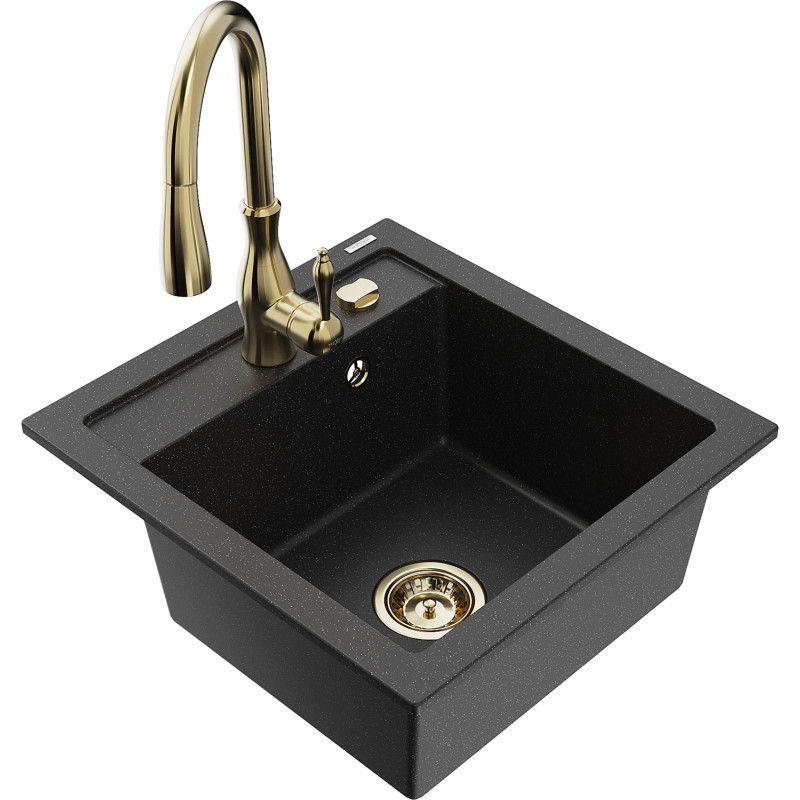 Mexen Vito 1-kamer granieten gootsteen met Savita keukenkraan, zwart/zilver metallic - 6503-73-672601-50