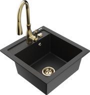 Mexen Vito granite kitchen sink 1-bowl with Savita kitchen faucet, black/silver metallic - 6503-73-672601-50