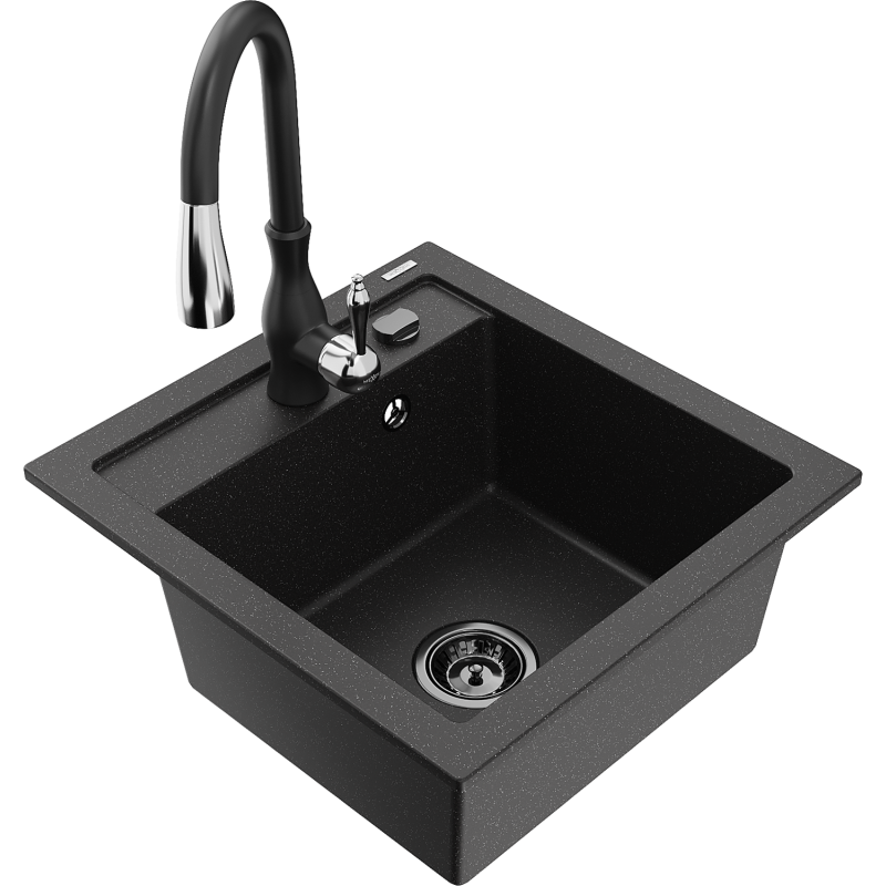 Mexen Vito fregadero de granito de 1 cubeta con grifo de cocina Savita, negro/plata metálica - 6503-73-672601-70-B