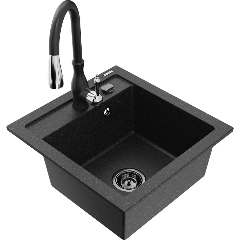 Mexen Vito granieten spoelbak met 1 bak en keukenkraan Savita, zwart/zilver metallic - 6503-73-672601-70-B
