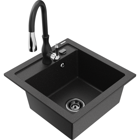 Mexen Vito Granitspüle 1-Becken mit Küchenarmatur Savita, schwarz/silber metallic - 6503-73-672601-70-B