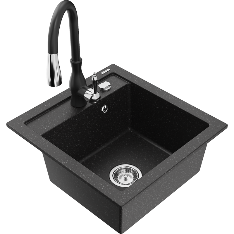 Mexen Vito fregadero de granito de 1 compartimento con grifo de cocina Savita, negro/plata metálica - 6503-73-672601-70