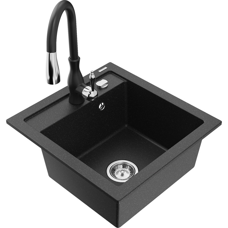 Mexen Vito granitische spoelbak met 1 bak en keukenmengkraan Savita, zwart/zilver metallic - 6503-73-672601-70