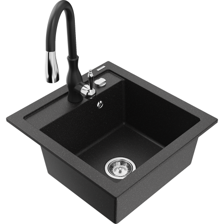 Mexen Vito fregadero de granito de 1 cubeta con grifo de cocina Savita, negro/metálico plateado - 6503-73-672601-70