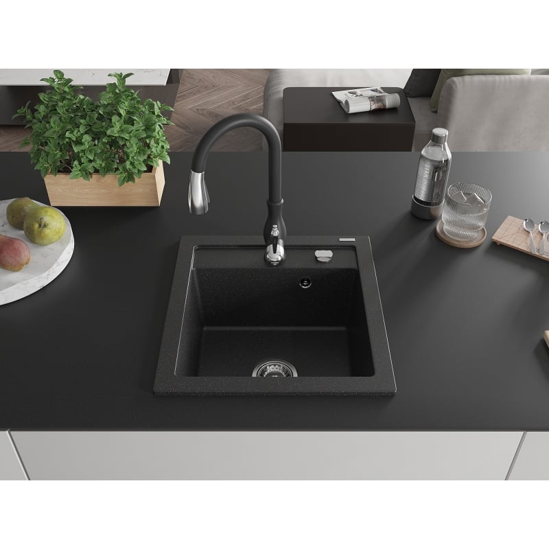 Mexen Vito fregadero de granito de 1 cubeta con grifo de cocina Savita, negro/metálico plateado - 6503-73-672601-70