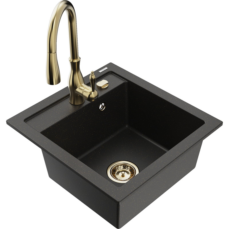 Mexen Vito granitische enkele spoelbak met keukenmengkraan Savita, zwart/goud metallic - 6503-75-672601-50